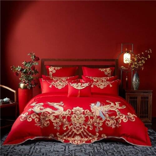 Chinese Traditional Red wedding bedding 4/6/9/10pcs Luxury Dragon Phoenix Embroidery Duvet Cover Set Bed sheet And Pillowcases