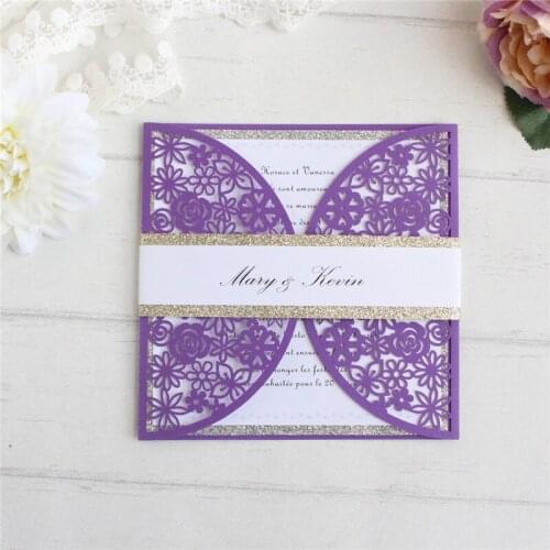 Purple wedding invitation paper floral laser cutting glittery insert belly band customized printing 50pcs