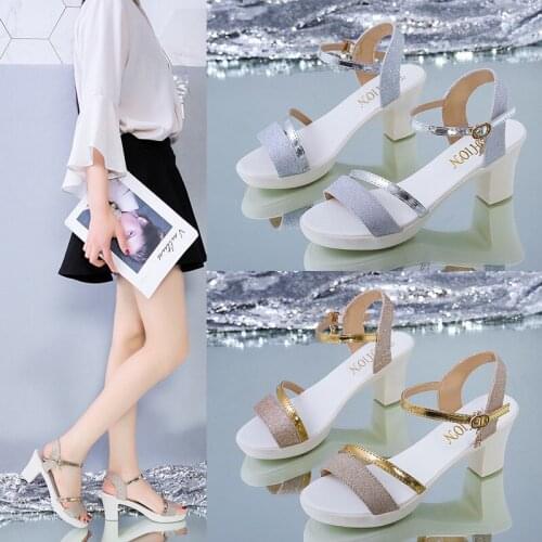 Fashion Women Sandals Comfortable Bohemian Ladies Sandals Flat Platform Shoes Woman Square High Heels Bling Gold Silver Shoes