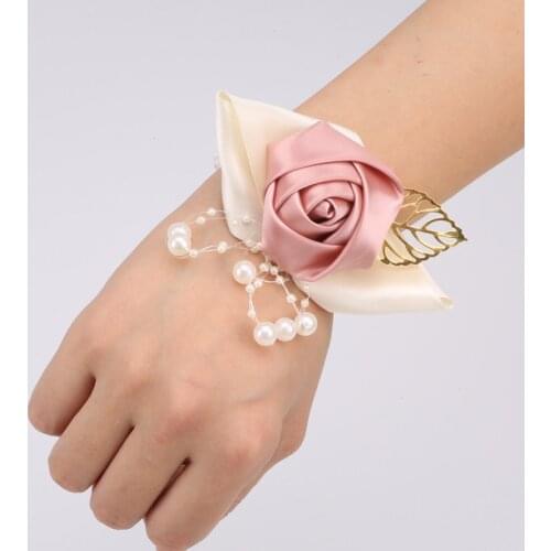 Wrist Corsage Bridesmaid Sisters Hand Flowers Artificial Pearl Leaf Bridal Bracelet Flowers For Wedding Party Decor Prom SW643