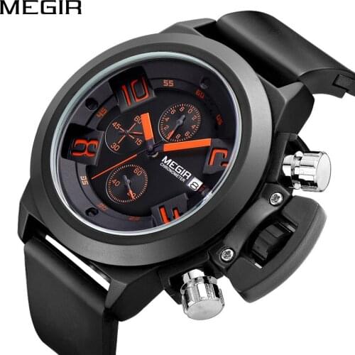 MEGIR Quartz Sport Watch for Men Luxury Brand Big Dial Black Silicone Man Watches Hour Time Erkek Kol Saati Montre Homme