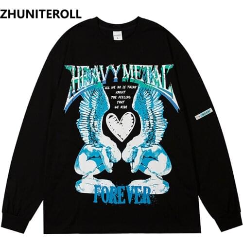 Harajuku Long Sleeve Tees Shirts Angel Heart Letter Print Streetwear Hip Hop Loose Summer Tshirts Men Fashion Tops Clothing