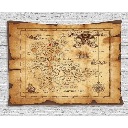 Island Map Decor Tapestry Super Detailed Treasure Map Grungy Rustic Pirates Gold Secret Sea History Theme Wall Hanging