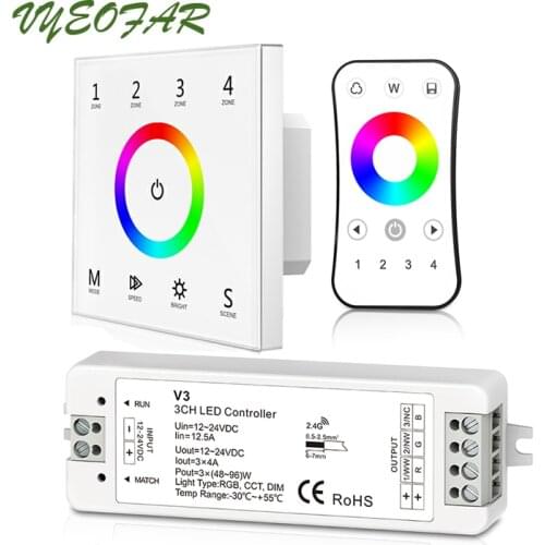 Led RGB Strip Controller 100V-240V Input RF Remote 4A 3 Channel Wireless Receiver 4 Zones 5050 3528 String Tape Ribbon Dimmer