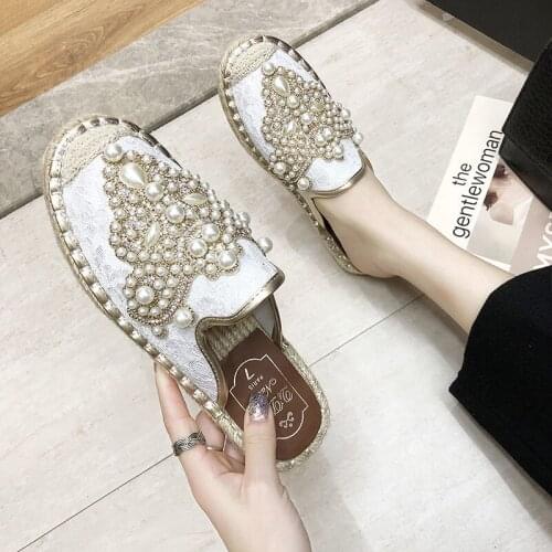 Pearl-patterned Summer Slippers 2021, New South Korean Version, Baotou Lace-top Half-slippers, Sandals for Lazy Ladies