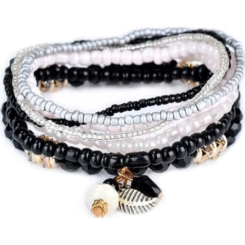 Lureme Womens Bohemian Jewelry Beads Leaf Charms Multi Strand Textured Stackable Bracelet Set Pulseiras (bl003063)