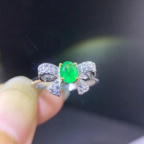Fashion Silver Bow-knot Ring with Gemstone 4mm*5mm Natural Emerald Ring Solid 925 Silver Emerald Jewelry