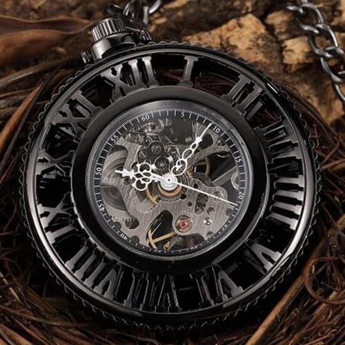 Steampunk Black Skeleton Big Roman Numerals Vintage Mechanical Pocket Watch Men Hand Wind Hollow Fob Pendant Watch Necklace Gift
