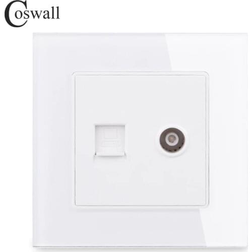COSWALL Crystal Tempered Glass Panel Wall Socket Female TV Connector With CAT5E RJ45 Internet Computer Data Jack C1 Series