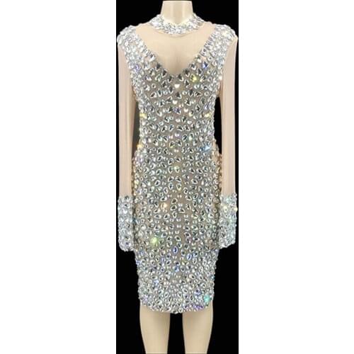 New Luxurious Full Crystals See Through Short Dress Women Sexy Evening Birthday Celebrate Party Dress Singer Show Stage Wear