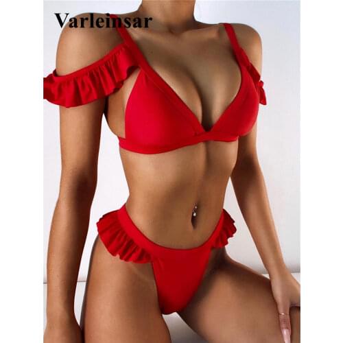 New Sexy Off Shoulder Ruffled Bikini Female Swimsuit Women Swimwear Two-pieces Bikini set Bather Bathing Suit Swim Lady V2701