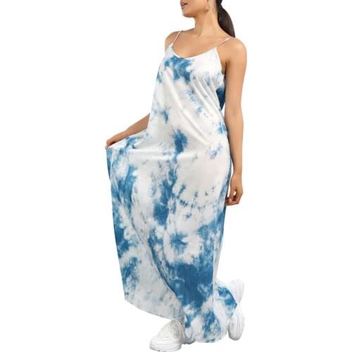 Women Tie Dye Print Round-neck Long Dress for Fashion Loose Spaghetti Strap Beach Holiday Ladies Maxi Dresses Female Outfits D30
