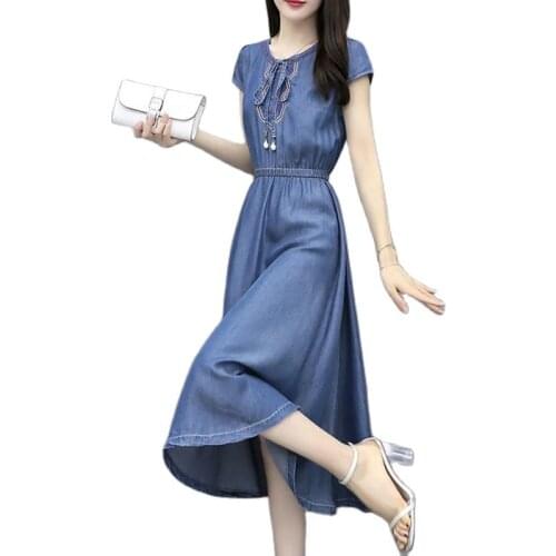 2021New Summer Denim Dress Female Temperament French Cowboy Vestidos Ladies Retro Mid-Length Jeans A-Line Lace Dresses Women352