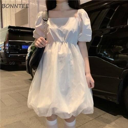 Dress Women Short Sleeve Kawaii Mesh Spliced Ball Gown Party Dresses Sweet Girls Summer Newest Fashion Ins High Waist Solid Soft