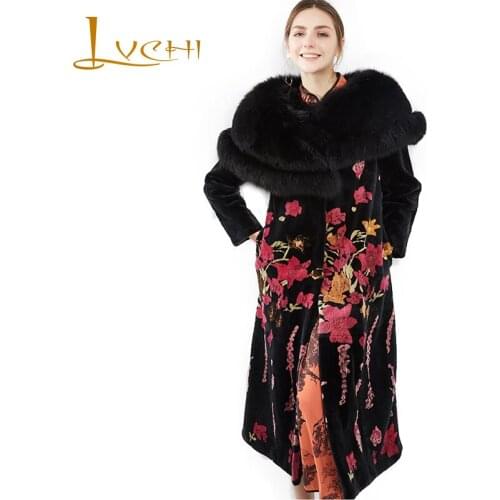 LVCHI Winter 2019 Imported Swan Velvet Mink Womens Natural Fur Slim Coat Print Flower Coats O-Neck Long Sleeve Slim Mink Coats
