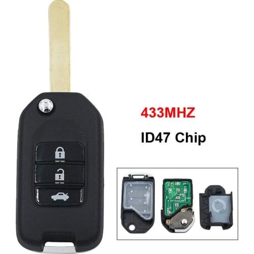 3 Button Folding Flip Remote Key Smart Car Key Fob 433MHz with ID47 Electronic Chip Uncut Blade for Honda Fit XRV City Greiz