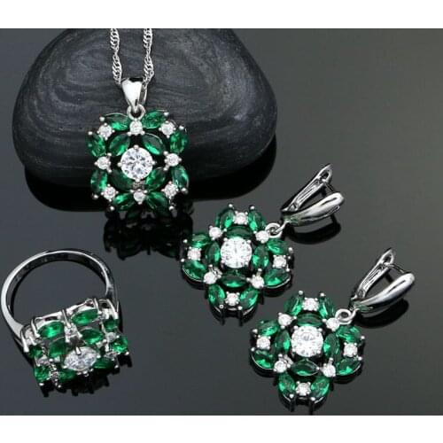 Bridal Silver 925 Jewelry Sets For Women Natural Green White Cubic Zirconia Flower Shaped Earrings Ring Necklace Pendant Set