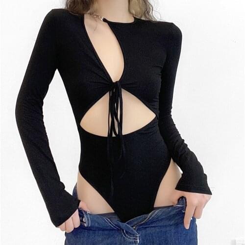 2021 Black Sexy Hollow Out Bodysuit Woman Spring Summer Solid Color Slim Tops Women Clothing Female Long Sleeve O-Neck Jumpsuit