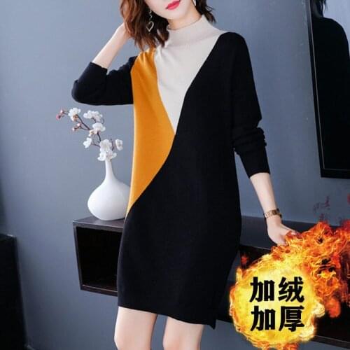 M-5XL Women Soft Mid-length Pullover 2021 Winter New Fashion Plus Size Patchwork Half Turtleneck Loose Knit Sweaters Female M634