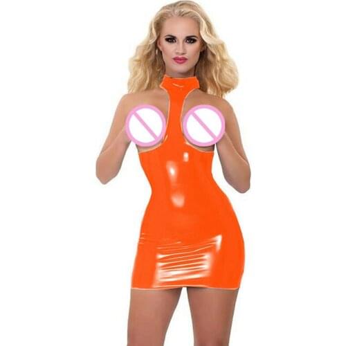 Women Shiny PU Leather Mini Club Dress Open Chest Tight Hollow Out Erotic Party Dresses Plus Size S-7XL Faux Latex Sexy Costume