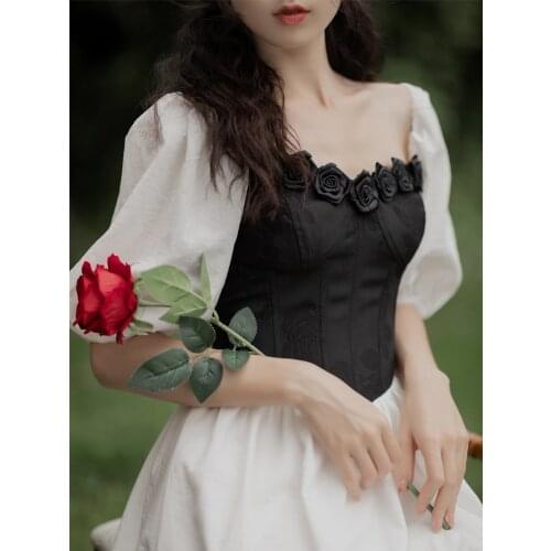 Vintage Summer BlackWhite Dress Royal Jacquard Rose Collar Puff Sleeve Elegant Princess Dress for Women Dinner Date Slim Vestido