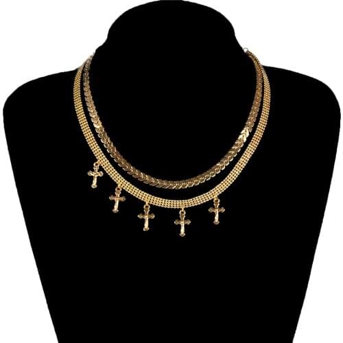 Gold Silver Color Double Layer Alloy Chain Cross Pendant Necklaces Short Chokers For Women Fashion Statement Jewelry colliers