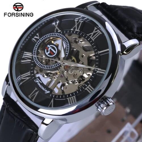 Forsining Mechanical Watch 3d Logo Design Hollow Engraving Black Silver Case Leather Skeleton Mens Watches Top Brand Luxury