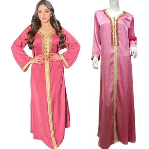 Middle East Dubai Muslim Women Long Dress Arab Abaya Islamic Clothing Kaftan Moroccan Diamonds V-neck Turkish Ethnic Eid Fashion