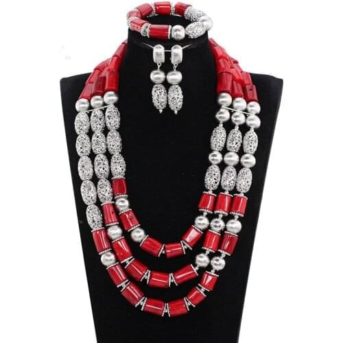 Fantastic Red and Silver Coral Beads Bridal Jewelry Sets Elegant Women Brides Coral Statement Necklace Set CNR836
