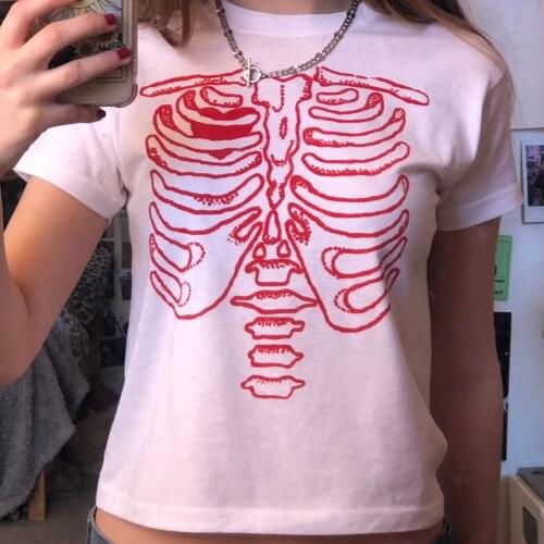 Women Basic Skeleton Print T-Shirt Summer Ladies Short Sleeve Round Neck Loose Fit Tops