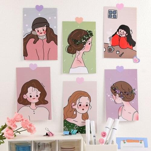 Ins Cartoon Cute Girl Pink Illustration Series Postcard 6 Sheets Decorative Card Poster Wall Sticker Greeting Card Photo Props