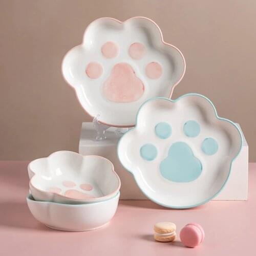 6.5/8.5inch Cats Paw Ceramic Snack Plate Breakfast Dessert Plate Underglaze Home Snack Service Dish Kitchen Tableware