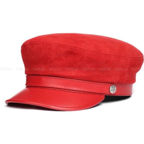 Korean Fashion Unisex Real Leather Suede Hats For Men/Women Casual Flat Navy Sailing Caps With Belt Brown/Red Soft Nubuck Beret