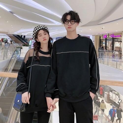 Korean Couple Matching Clothes College School Pair Lovers Net Yarn Mesh Black Hoodie Dress Sweatshirt Women Men Outfit Wear Set