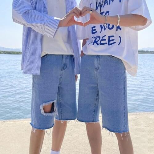 Korean Trend Boardshorts Mens Ripped Hole Denim Shorts Light Blue Straight Short Pants Hot Sale 2021 Summer Beach shorts