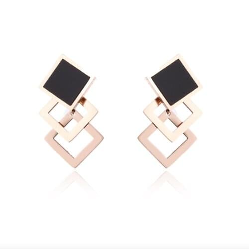 Stainless steel rose gold black stone square stud earrings women ladies minimalism jewellery gift for him