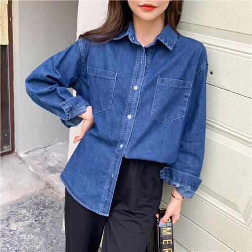 New Korean style top loose Hong Kong-style long-sleeved shirt women spring and autumn bf denim jacket plus size womens clothing