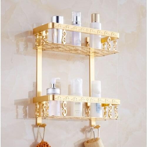 Luxury Aluminum Double Wall Mount Shower Shampoo Soap Cosmetic Storage Shelves Gold Bathroom Shelf