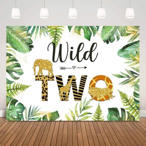 Jungle Animal Two Wild Birthday Background Newborn Baby 2nd Birthday Backdrop Photoshoot Forest Green Leaves Gold Dots Backdrops