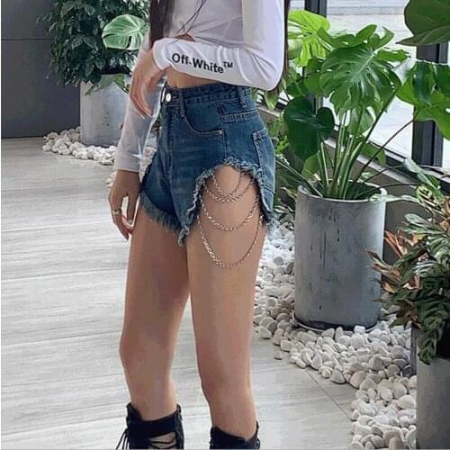 Sexy Women High Waist Denim Shorts Girl Chains Jeans Summer Female Cool Punk Shorts Vintage Club Hot Pants Jeans