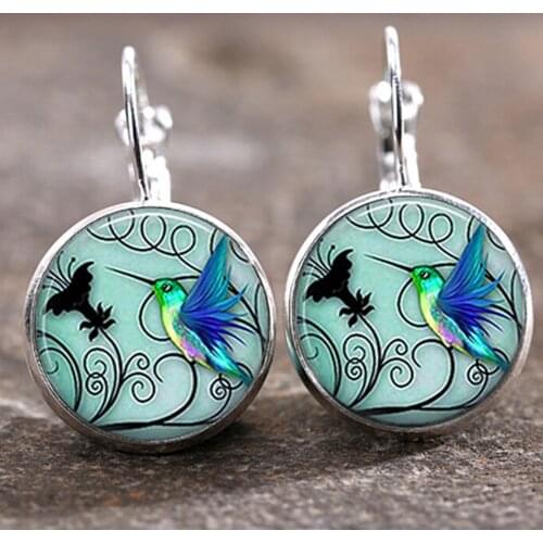 1Pair Trendy Blue Hummingbird Photo Glass Cabochon Lever Back Earrings Fashion Earring For Women Stainless Steel Gift Jewelry