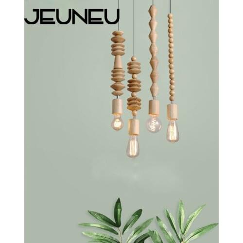 Modern Pendant Light LED E27 Retro Style Nature Oak Wooden Geometric Beads Pendant Lamp String Droplight Hanging Light Fixture