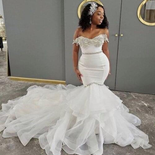 Beaded African Mermaid Wedding Dresses Off The Shoulder Sash Sequins Tiered Tulle Bridal Dress vestido de fiesta de boda