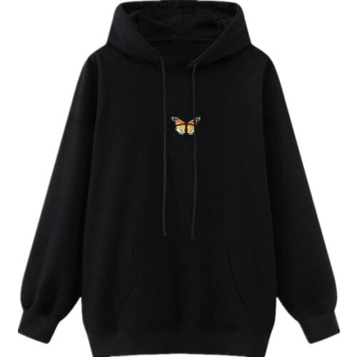 Oversize Girls Soft Cotton Vintage Hoodies 2021 Office Ladies Fleece Pullovers Loose Women Black Butterfly Embroidered Hoodie