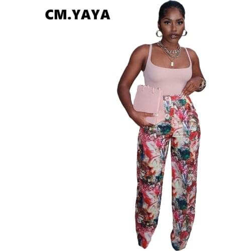 CM.YAYA Women Pants Print Elastic Mid Waist Loose Straight Pants Fashion Casual High Streetwear Summer Trousers 2021