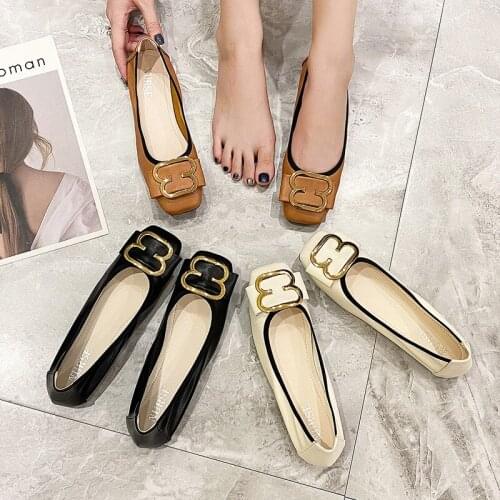 2020 Women Fashion Flats Shoes Square Toe PU Leather Shoes Women Loafers Woman Ballet Flats Shoes Girls Cute Golden Shoe 42