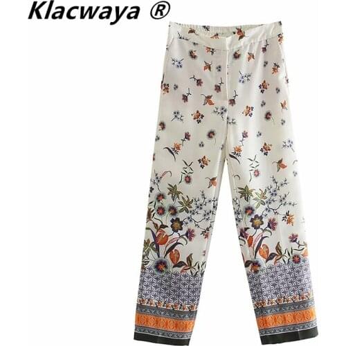 Klacwaya Women 2021 Fashion Side Pockets Floral Print Pants Vintage High Elastic Waist Zipper Chic Female Ankle Trousers Mujer