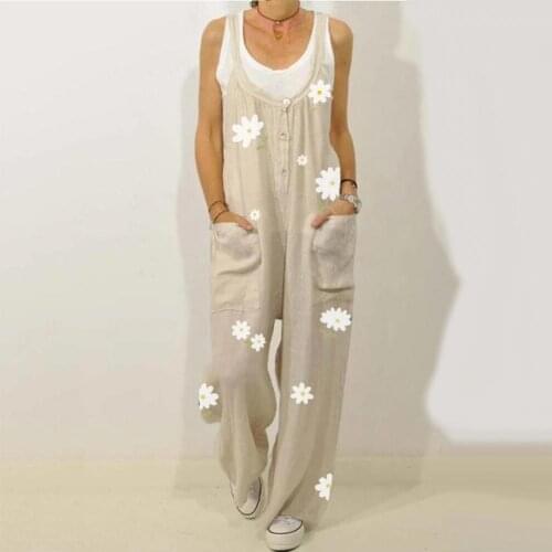 Women Sleeveless Floral Print Pockets Buttons Jumpsuit Bib Overall Dungarees
