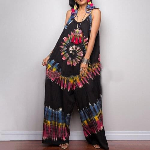 Women Jumpsuit 2021 Summer Tie Dye Print Wide Leg Sleeveless Sling Jumpsuits Female Vintage Casual Loose Rompers Комбинезоны