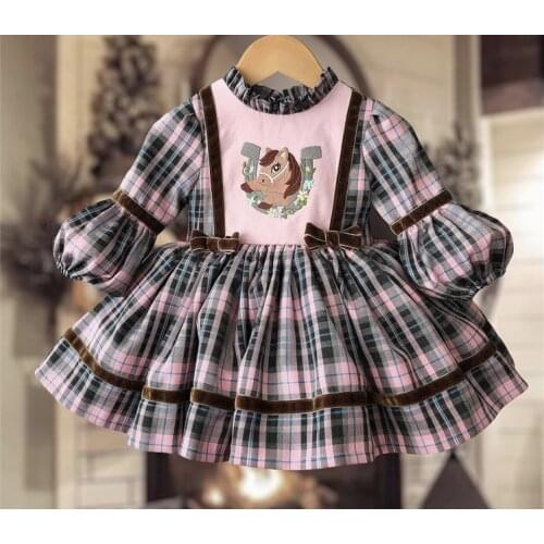 0-12Y Baby Girl Autumn Winter Pink Plaid Horse Embroisery Vintage Spanish Princess Ball Gown Dress for Christmas Eid Causal